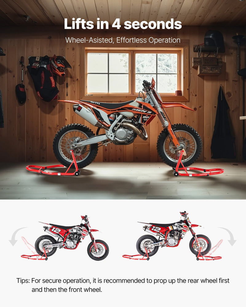 VEVOR motocikla priekšējais un aizmugurējais pacēlājs – 850 kg slodzes jauda, piemērots ķepiņu tipa (spool) un šūpoles tipa (swingarm) stiprinājumiem, sarkanā krāsā