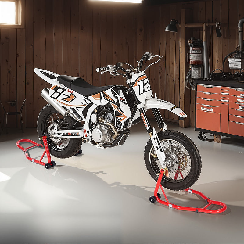 VEVOR motocikla priekšējais un aizmugurējais pacēlājs – 850 kg slodzes jauda, piemērots ķepiņu tipa (spool) un šūpoles tipa (swingarm) stiprinājumiem, sarkanā krāsā