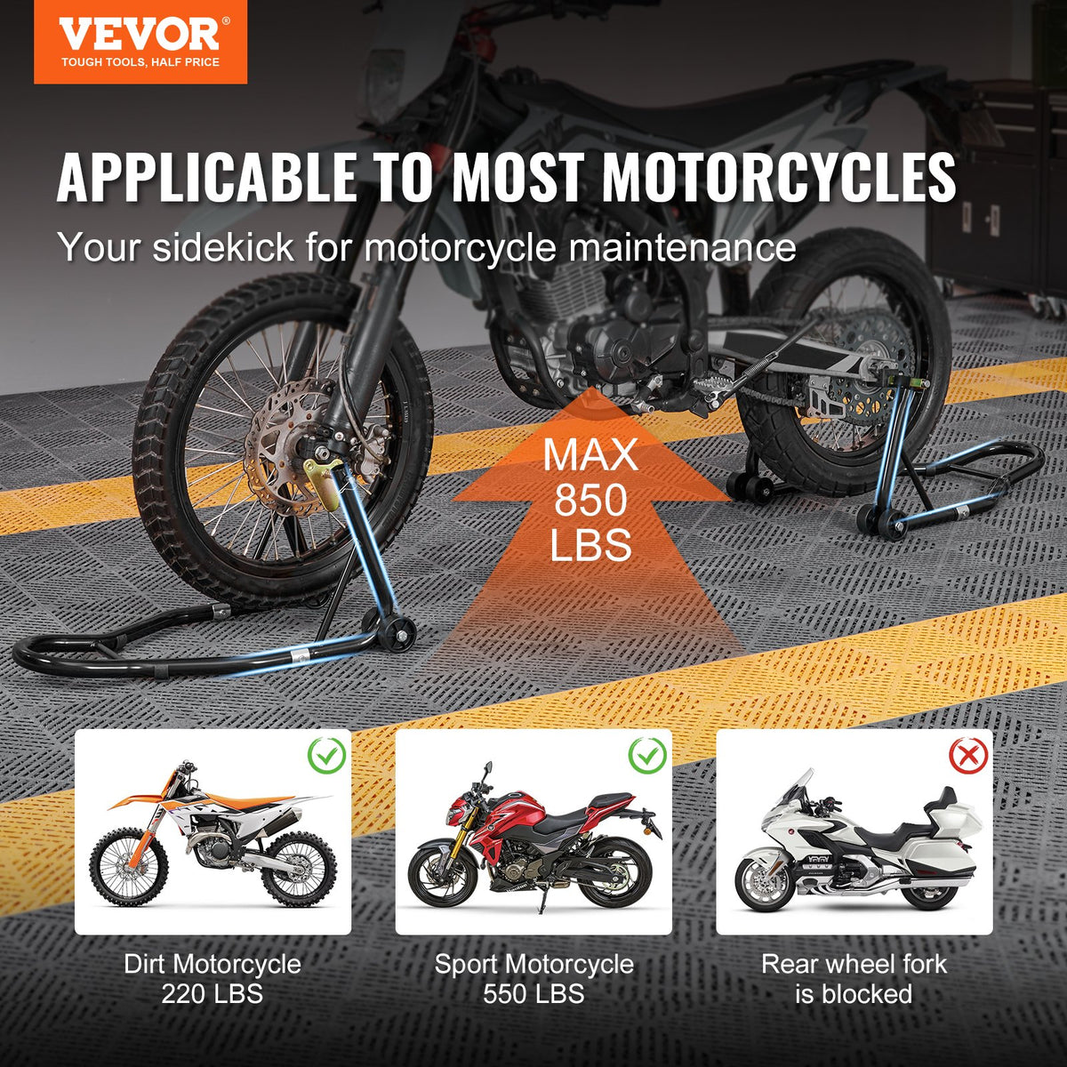 VEVOR Motorcycle Lift Stand for Front and Rear Wheel Lifting, 0.39 t, with U+L Fork Support, Compatible with Yamaha, Honda, Kawasaki, Suzuki – Black