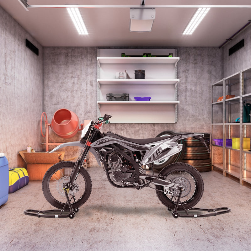 VEVOR motocikla statīvs priekšējā un aizmugurējā riteņa pacelšanai, 0,39 t, ar U+L dakšas atbalstu, saderīgs ar Yamaha, Honda, Kawasaki, Suzuki - melns