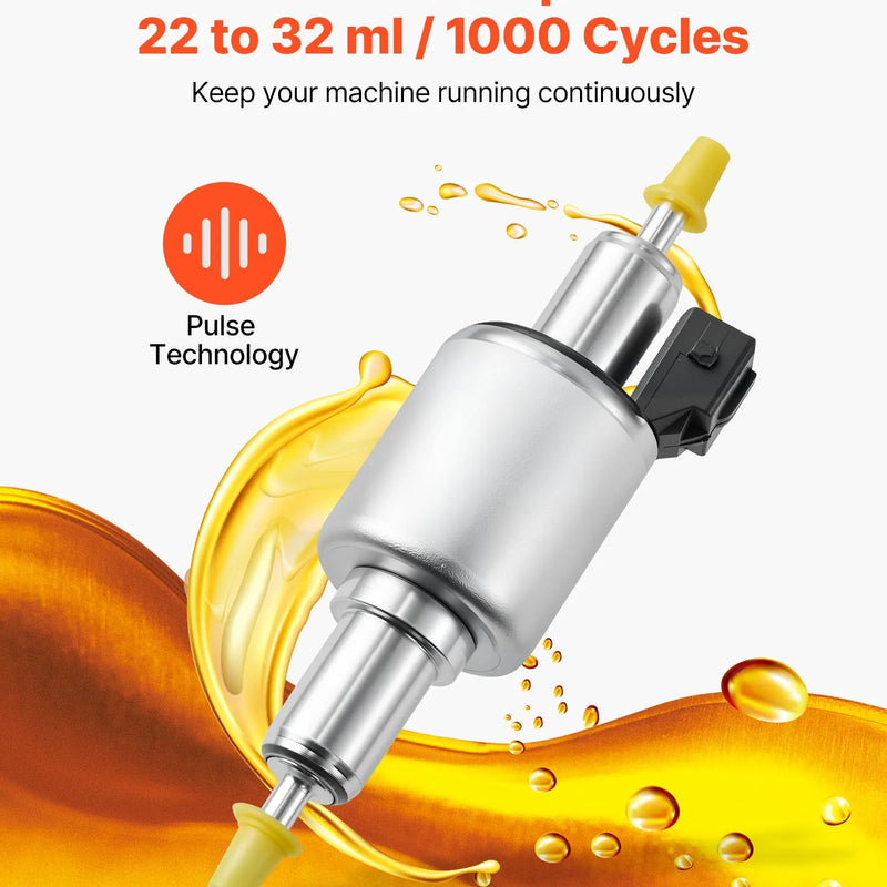 Dīzeļsildītāja degvielas sūknis 12/24 V, automašīnas gaisa sildītāja dozēšanas sūknis ar 22-32 ml padevi, piemērots 2 kW, 5 kW un 8 kW dīzeļsildītājiem, klusas darbības dizains ar impulsu tehnoloģiju