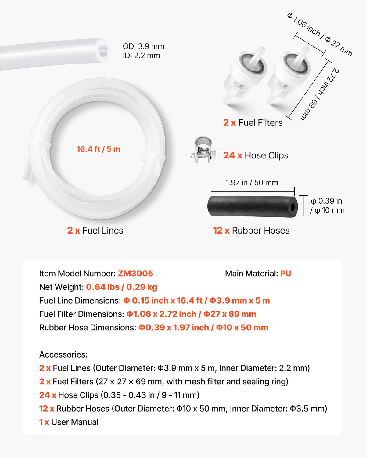 Diesel heater fuel hose kit 5000 mm