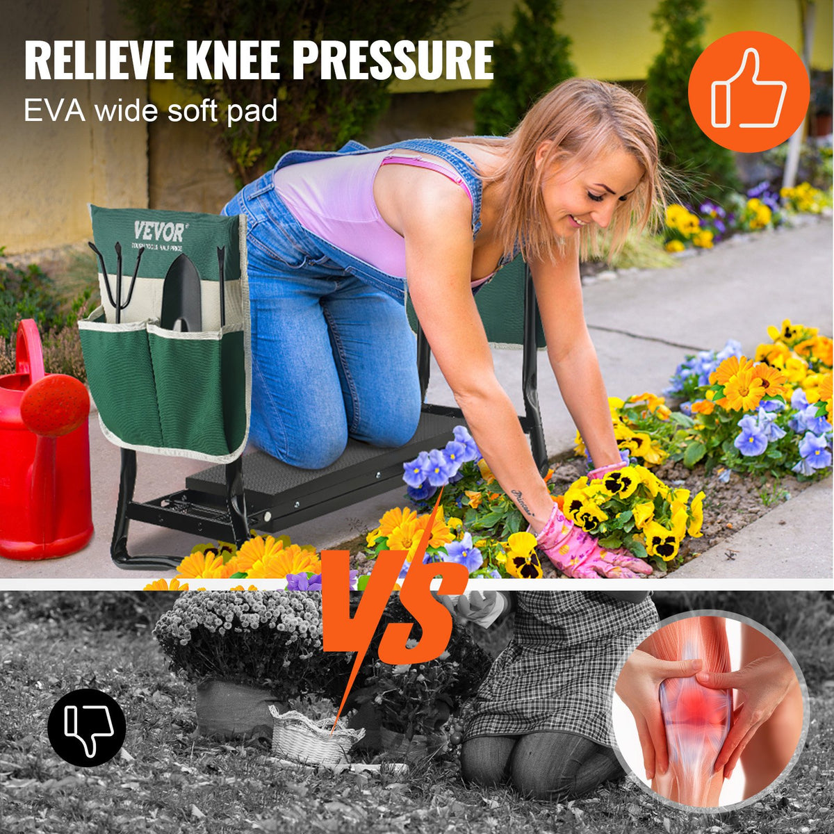 VEVOR Dārza ceļgala atbalsts un sols, 150 kg slodzes jauda, 20,32 cm EVA spilvens, salokāms dārza sols ar instrumentu maisu