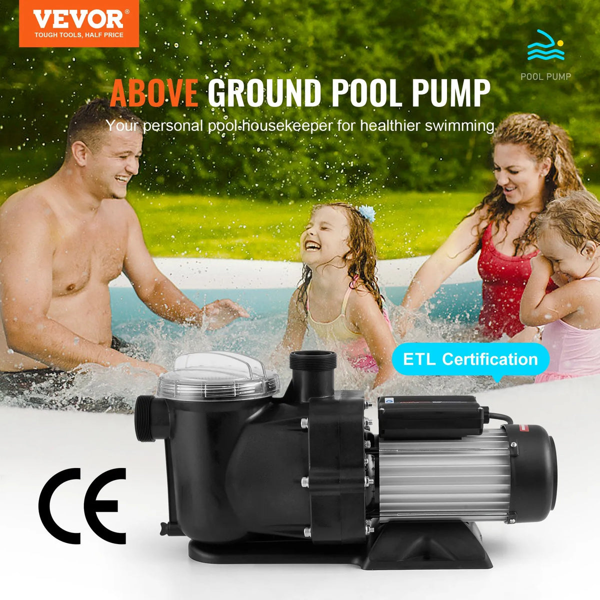 VEVOR Above Ground Pool Pump, 1118 W, Single Speed Mode, Maximum Flow 378 l/min, 220 V, 2850 RPM, Maximum Head 15 m, with Filter Basket, Suitable for Above Ground Pools, Hot Tubs and Spas, UL Certified