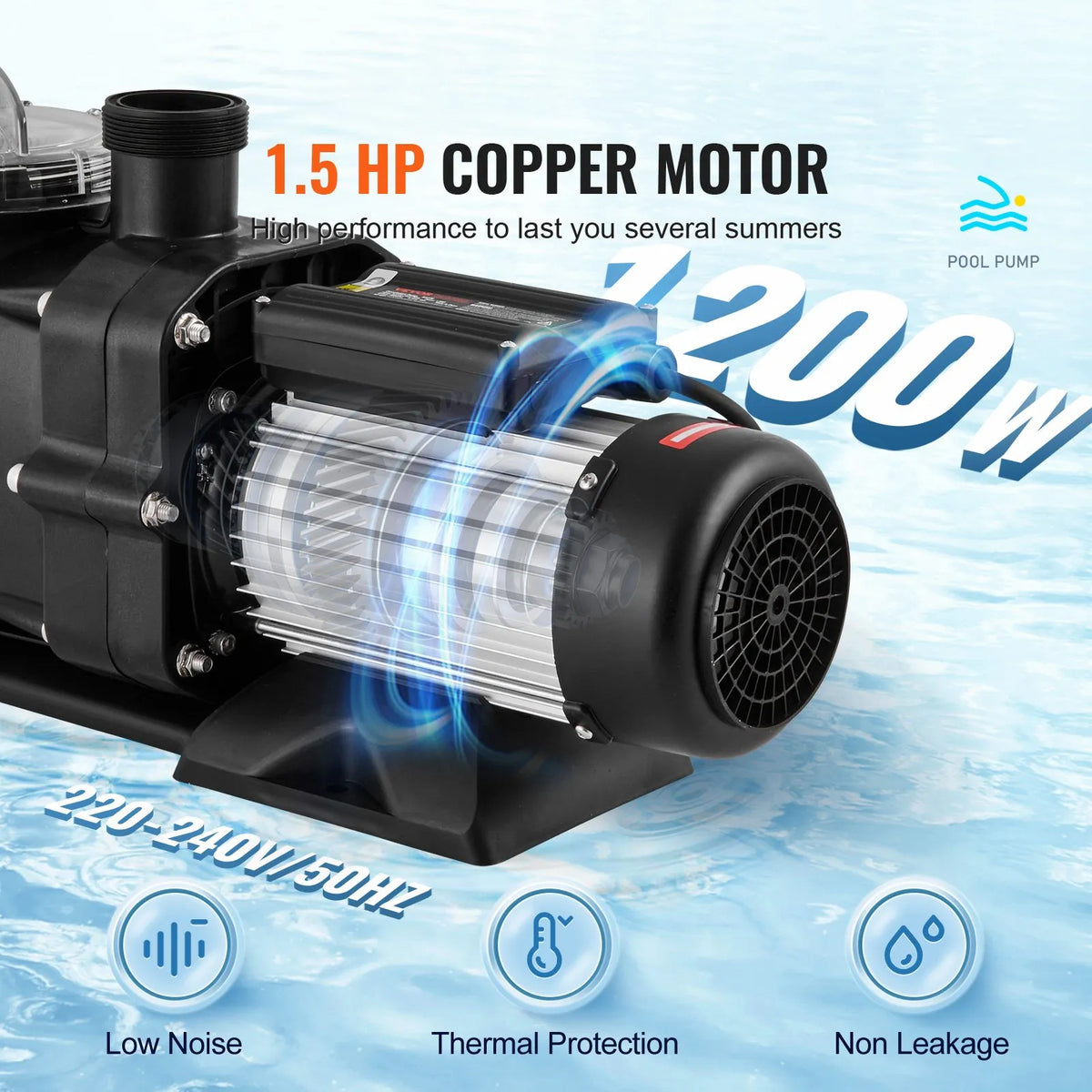 VEVOR Above Ground Pool Pump, 1118 W, Single Speed Mode, Maximum Flow 378 l/min, 220 V, 2850 RPM, Maximum Head 15 m, with Filter Basket, Suitable for Above Ground Pools, Hot Tubs and Spas, UL Certified