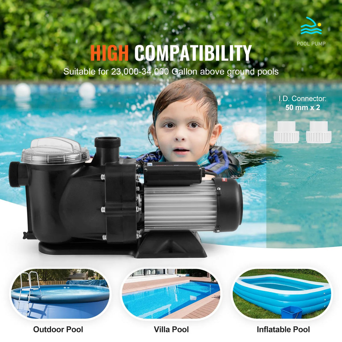 VEVOR Above Ground Pool Pump, 1118 W, Single Speed Mode, Maximum Flow 378 l/min, 220 V, 2850 RPM, Maximum Head 15 m, with Filter Basket, Suitable for Above Ground Pools, Hot Tubs and Spas, UL Certified