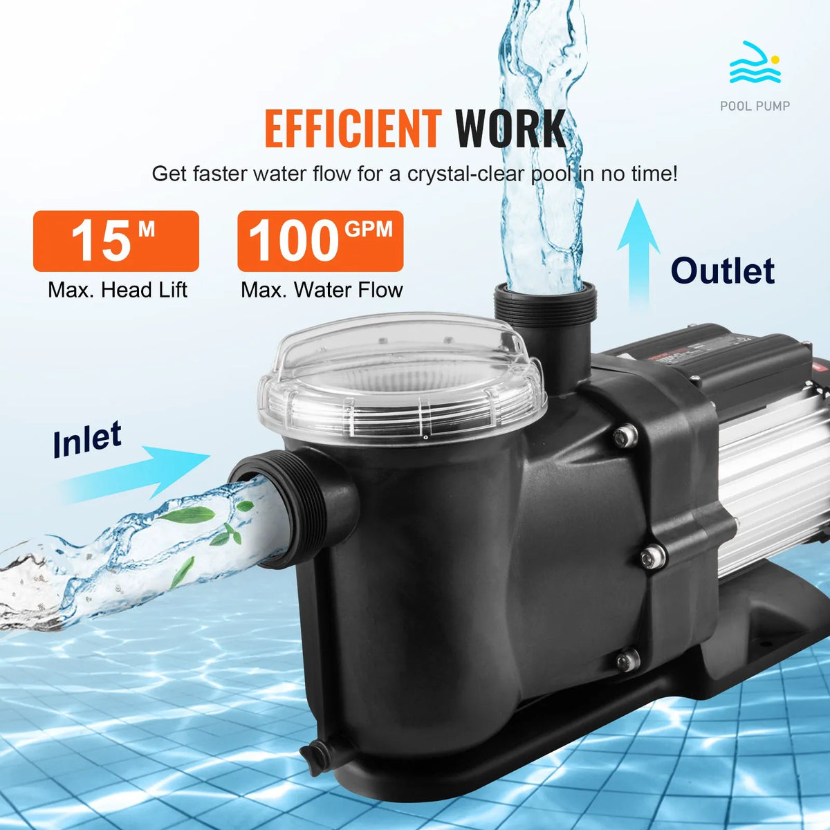 VEVOR Above Ground Pool Pump, 1118 W, Single Speed Mode, Maximum Flow 378 l/min, 220 V, 2850 RPM, Maximum Head 15 m, with Filter Basket, Suitable for Above Ground Pools, Hot Tubs and Spas, UL Certified