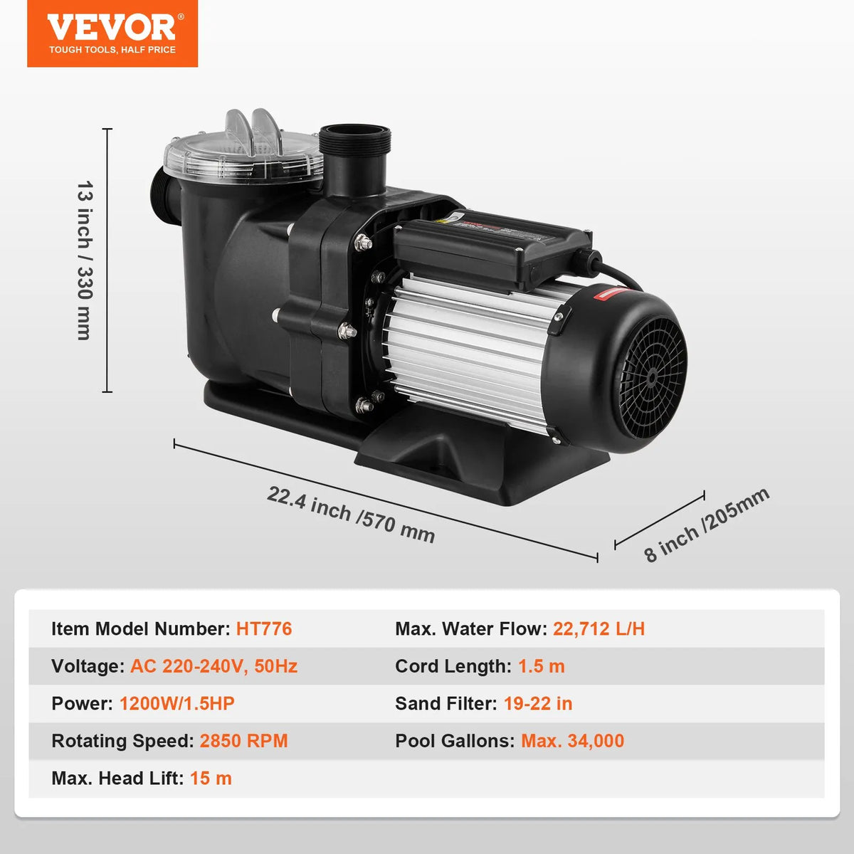 VEVOR Above Ground Pool Pump, 1118 W, Single Speed Mode, Maximum Flow 378 l/min, 220 V, 2850 RPM, Maximum Head 15 m, with Filter Basket, Suitable for Above Ground Pools, Hot Tubs and Spas, UL Certified