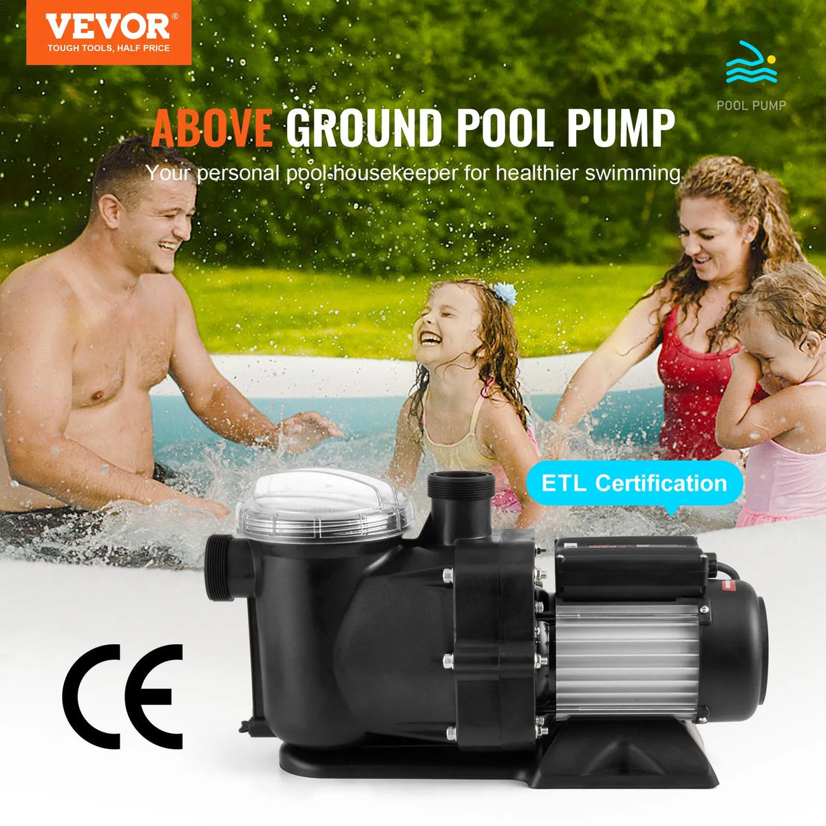 VEVOR Above Ground Pool Pump, 1491 W (2 HP), Single Speed Mode, Maximum Flow 435 l/min, 220 V, 2850 RPM, Maximum Head 15 m, with Filter Basket, Suitable for Above Ground Pools, Hot Tubs and Spas, UL Certified