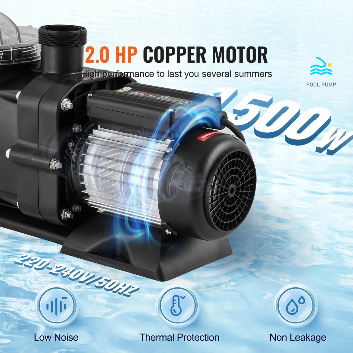 VEVOR Above Ground Pool Pump, 1491 W (2 HP), Single Speed Mode, Maximum Flow 435 l/min, 220 V, 2850 RPM, Maximum Head 15 m, with Filter Basket, Suitable for Above Ground Pools, Hot Tubs and Spas, UL Certified