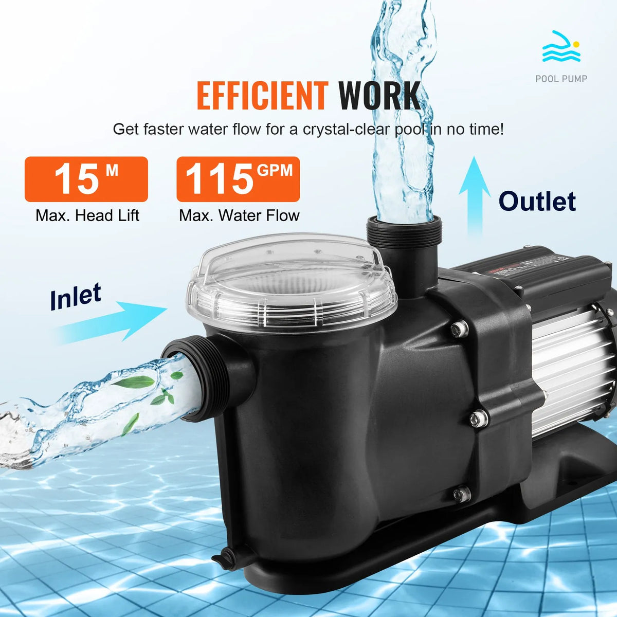 VEVOR Above Ground Pool Pump, 1491 W (2 HP), Single Speed Mode, Maximum Flow 435 l/min, 220 V, 2850 RPM, Maximum Head 15 m, with Filter Basket, Suitable for Above Ground Pools, Hot Tubs and Spas, UL Certified