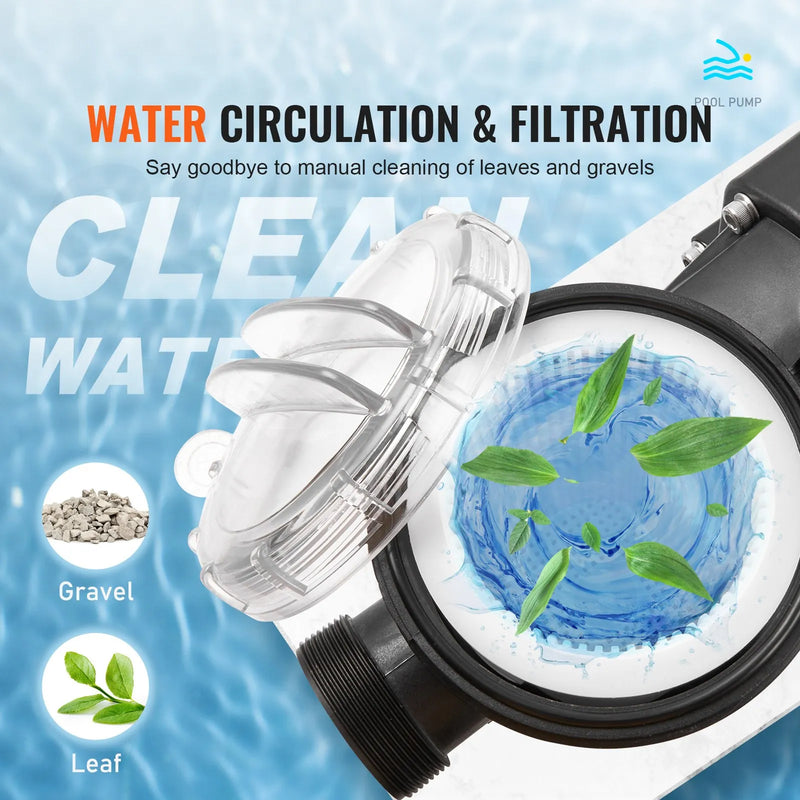 VEVOR virszemes baseina sūknis, 1491 W (2 ZS), vienas ātruma režīms, maksimālā plūsma 435 l/min, 220 V, 2850 apgr./min, maksimālais pacēlums 15 m, ar filtra grozu, piemērots virszemes baseiniem, burbuļvannām un SPA, UL sertificēts