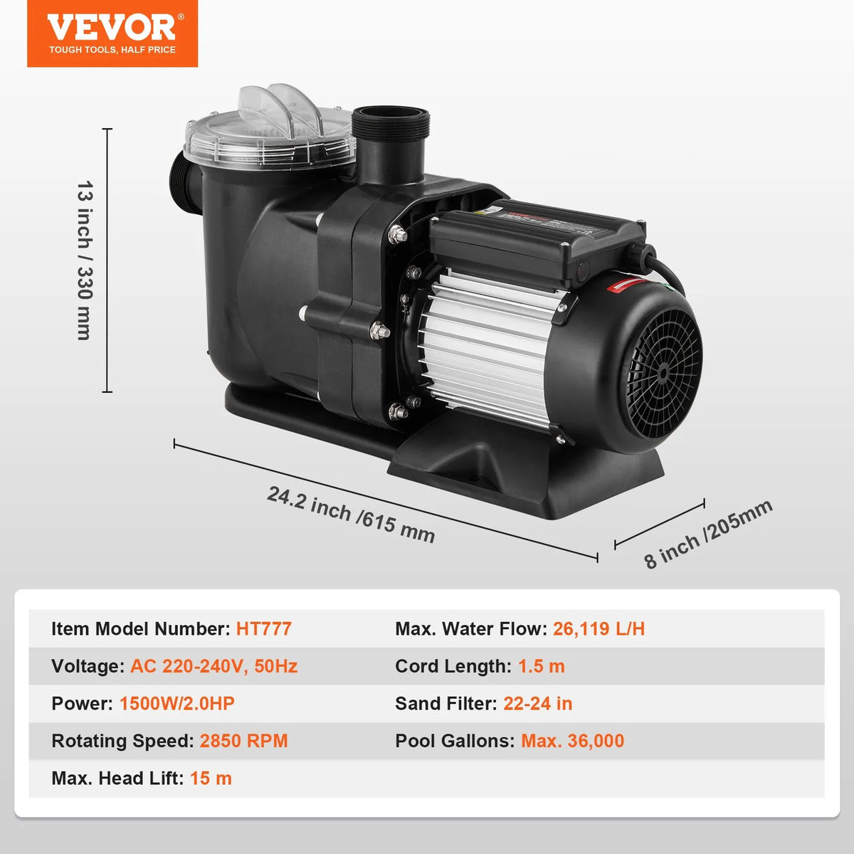 VEVOR Above Ground Pool Pump, 1491 W (2 HP), Single Speed Mode, Maximum Flow 435 l/min, 220 V, 2850 RPM, Maximum Head 15 m, with Filter Basket, Suitable for Above Ground Pools, Hot Tubs and Spas, UL Certified