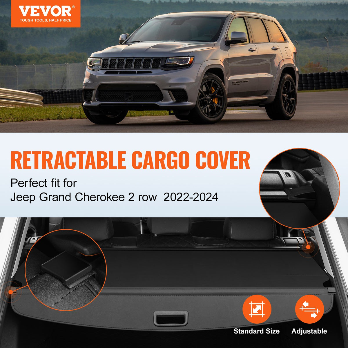 VEVOR Retractable Cargo Cover for Jeep Grand Cherokee 2nd Row 2022-2024 OEM Design