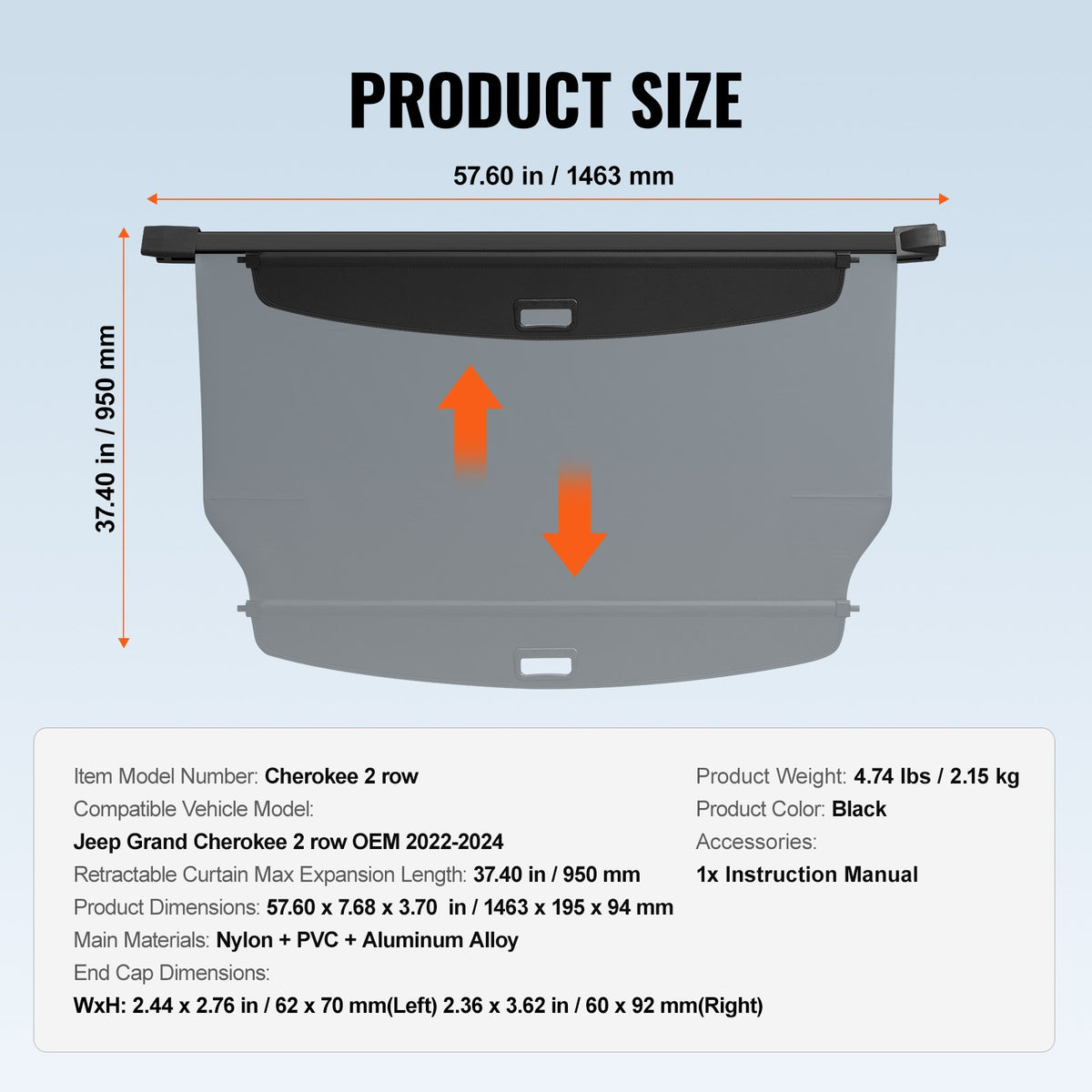 VEVOR Retractable Cargo Cover for Jeep Grand Cherokee 2nd Row 2022-2024 OEM Design