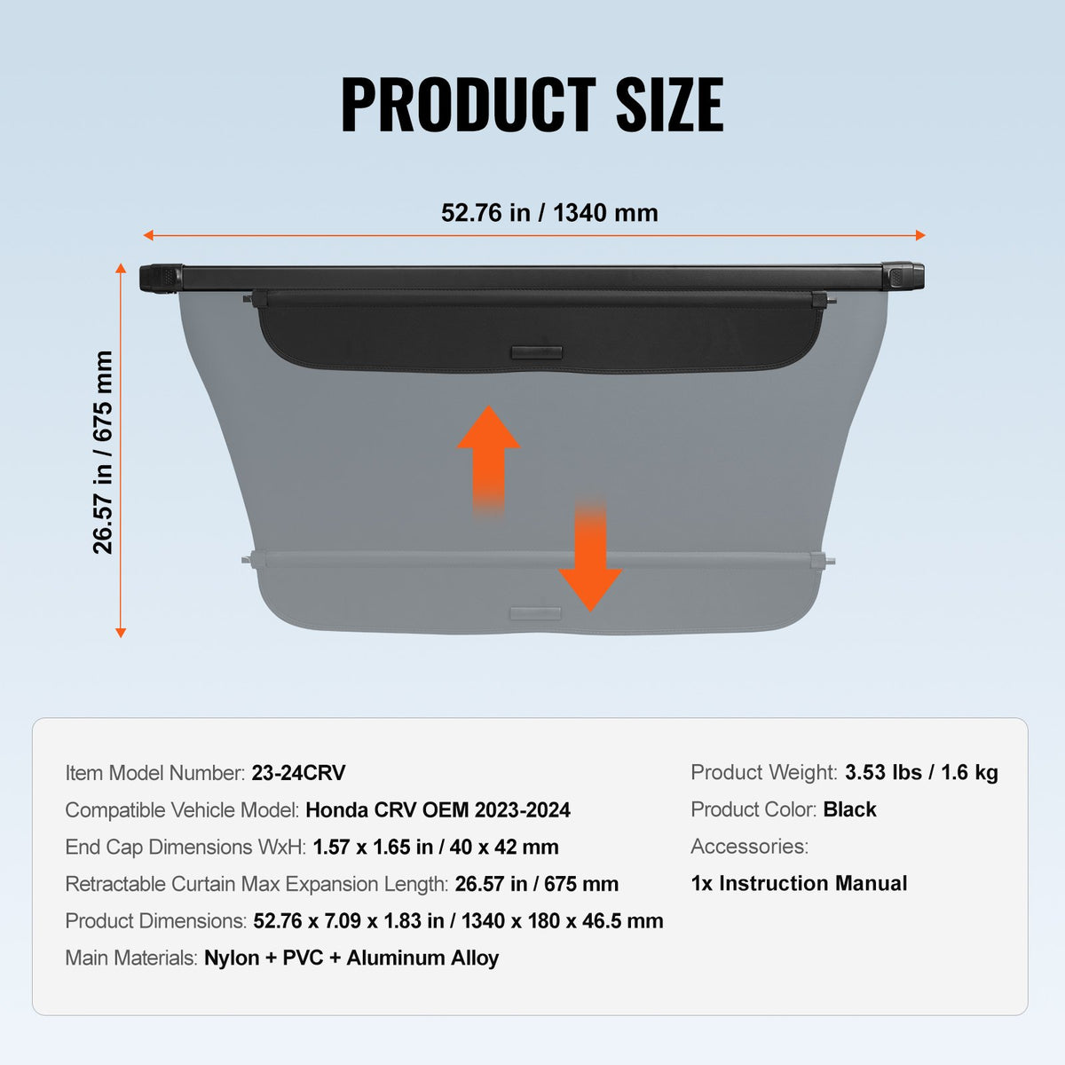 VEVOR Retractable Cargo Cover for Honda CR-V 2023–2024 Rear Trunk