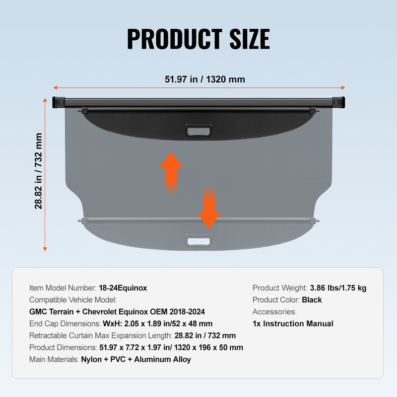 VEVOR izvelkamais bagāžas pārsegs GMC Terrain un Chevrolet Equinox 2018-2024