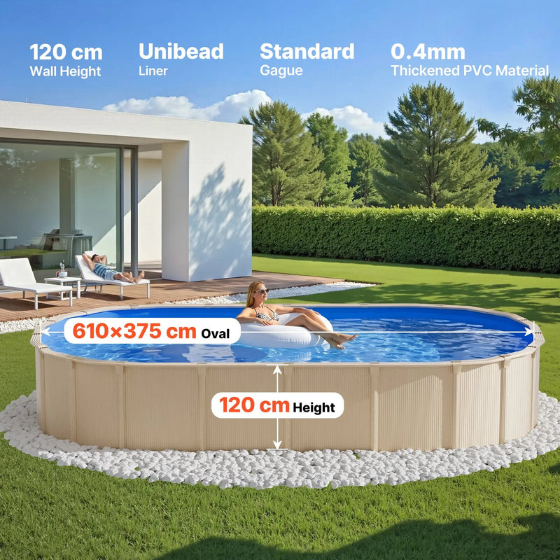 VEVOR ovāls baseina ieliktnis 375 × 610 cm UniBead sistēma 120 cm sienas augstumam, augstas kvalitātes vinils ar noplūdes remonta ielāpiem, paredzēts virszemes baseiniem ar tērauda sienām, zils