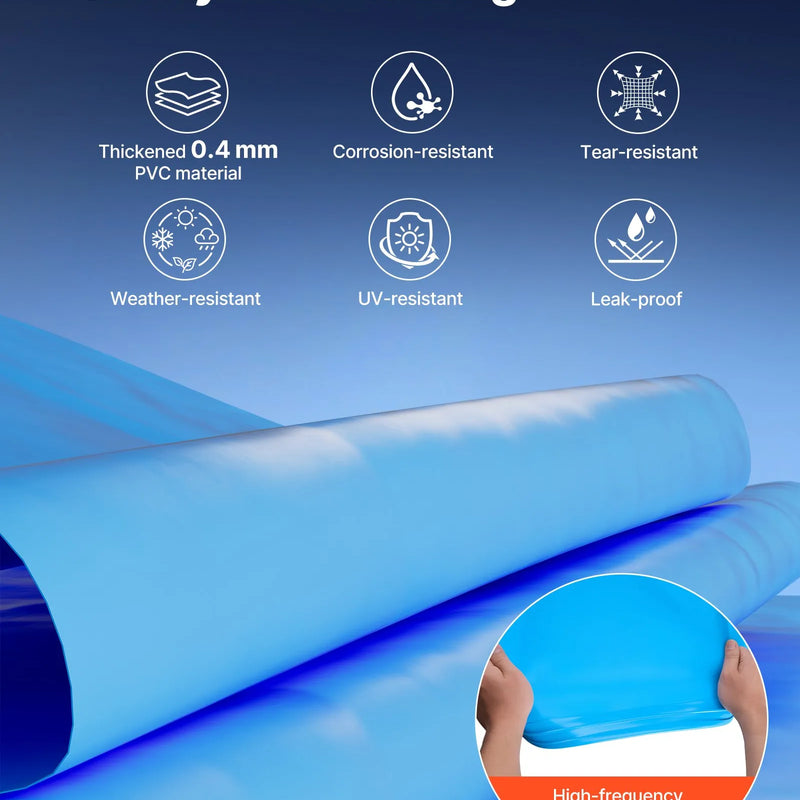 VEVOR ovāls baseina ieliktnis 375 × 732 cm UniBead sistēma 120 cm sienas augstumam, augstas kvalitātes vinils ar noplūdes remonta ielāpiem, paredzēts virszemes baseiniem ar tērauda sienām, zils