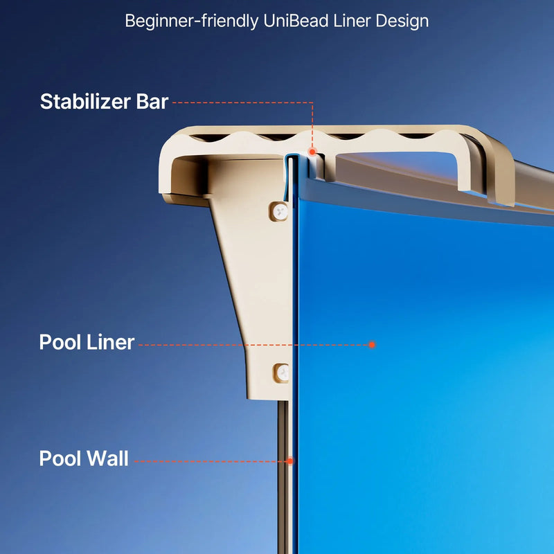 VEVOR ovāls baseina ieliktnis 375 × 732 cm UniBead sistēma 120 cm sienas augstumam, augstas kvalitātes vinils ar noplūdes remonta ielāpiem, paredzēts virszemes baseiniem ar tērauda sienām, zils
