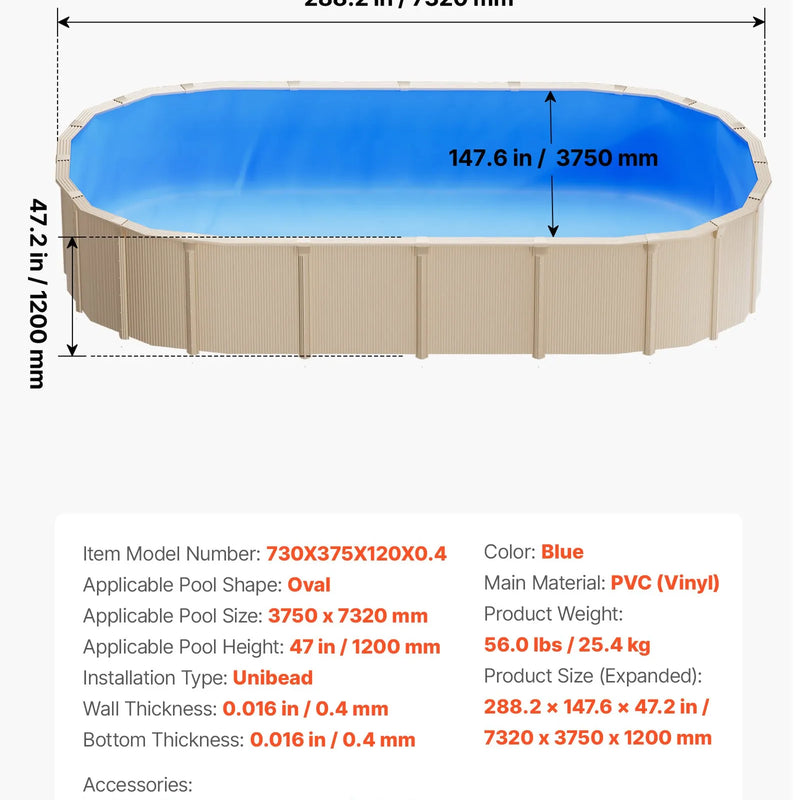VEVOR ovāls baseina ieliktnis 375 × 732 cm UniBead sistēma 120 cm sienas augstumam, augstas kvalitātes vinils ar noplūdes remonta ielāpiem, paredzēts virszemes baseiniem ar tērauda sienām, zils