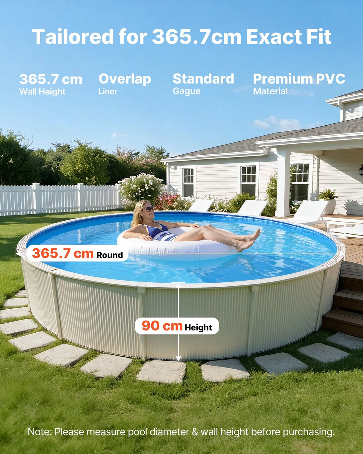 VEVOR apaļš baseina ieliktnis Ø365,7 cm pārlaiduma tipa 90 cm sienas augstumam, augstas kvalitātes vinils ar noplūdes remonta ielāpiem, paredzēts virszemes baseiniem ar tērauda sienām, zils - ZEMLETES.LV