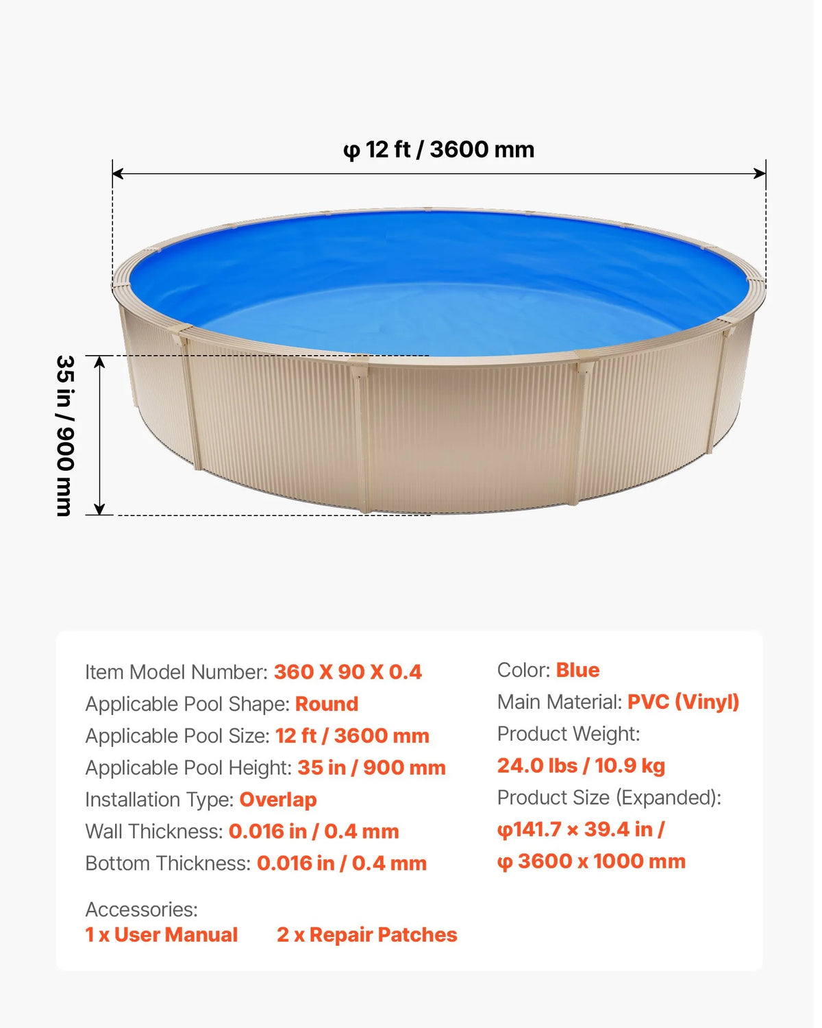 VEVOR apaļš baseina ieliktnis Ø365,7 cm pārlaiduma tipa 90 cm sienas augstumam, augstas kvalitātes vinils ar noplūdes remonta ielāpiem, paredzēts virszemes baseiniem ar tērauda sienām, zils - ZEMLETES.LV