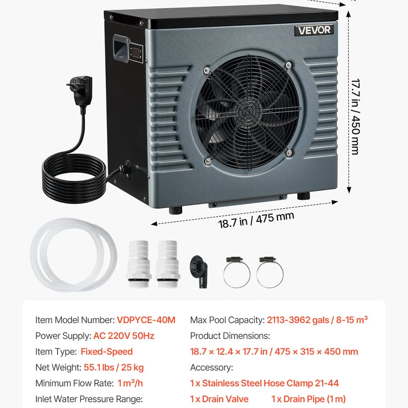 VEVOR 4160 W baseina siltumsūknis, elektriskais baseina sildītājs virszemes baseiniem līdz 15 m³, maksimālais COP 5,14, zems trokšņa līmenis, GFCI aizsardzība, sildīšanas temperatūra 15–40 ℃ peldēšanai un fitnesam, 220 V 50 Hz
