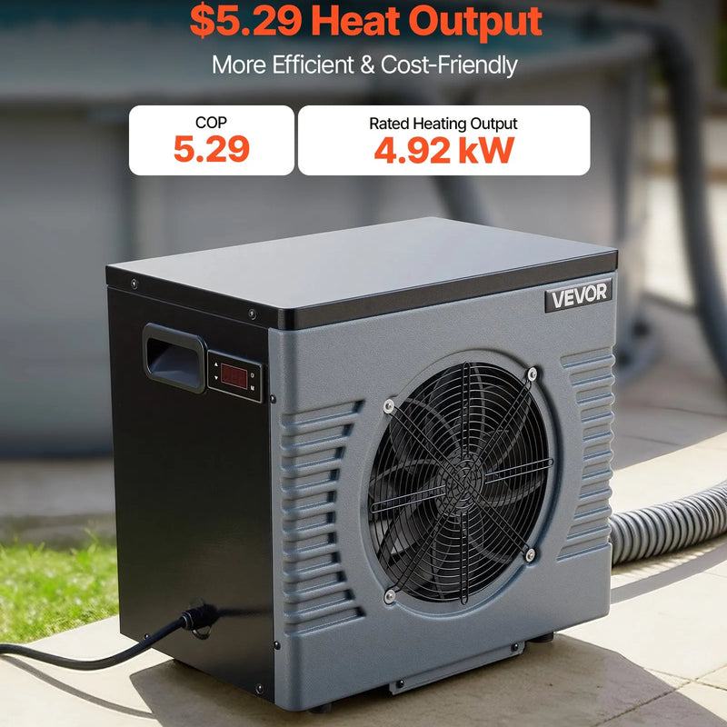 VEVOR 4920 W baseina siltumsūknis, elektriskais baseina sildītājs virszemes baseiniem līdz 18 m³, maksimālais COP 5,29, zems trokšņa līmenis, GFCI aizsardzība, sildīšanas temperatūra 15–40 ℃ peldēšanai un fitnesam, 220 V 50 Hz