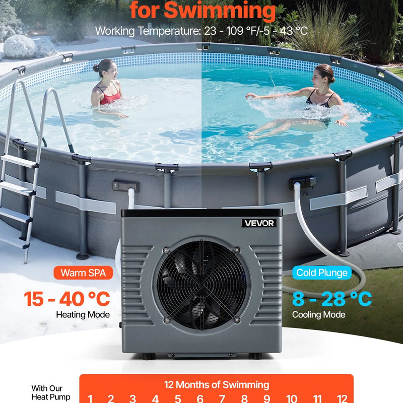 VEVOR 4920 W baseina siltumsūknis, elektriskais baseina sildītājs virszemes baseiniem līdz 18 m³, maksimālais COP 5,29, zems trokšņa līmenis, GFCI aizsardzība, sildīšanas temperatūra 15–40 ℃ peldēšanai un fitnesam, 220 V 50 Hz