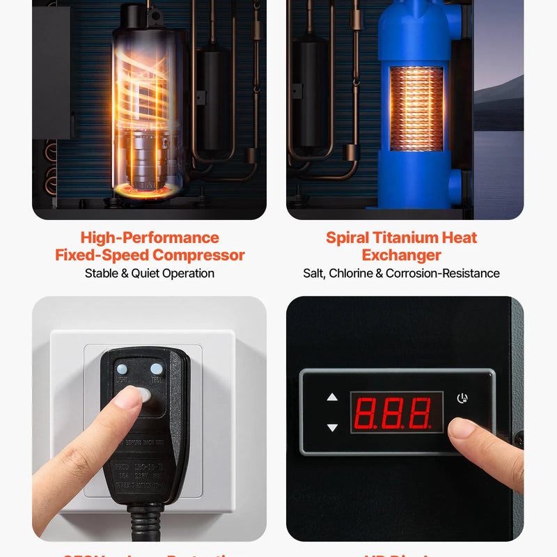 VEVOR 4920 W baseina siltumsūknis, elektriskais baseina sildītājs virszemes baseiniem līdz 18 m³, maksimālais COP 5,29, zems trokšņa līmenis, GFCI aizsardzība, sildīšanas temperatūra 15–40 ℃ peldēšanai un fitnesam, 220 V 50 Hz