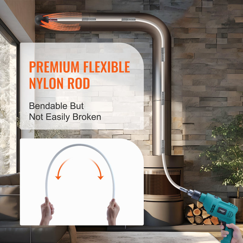 VEVOR skursteņa tīrīšanas komplekts 7 m, neilona stieņi, elastīga birste 360°, kamīniem un dūmvadiem