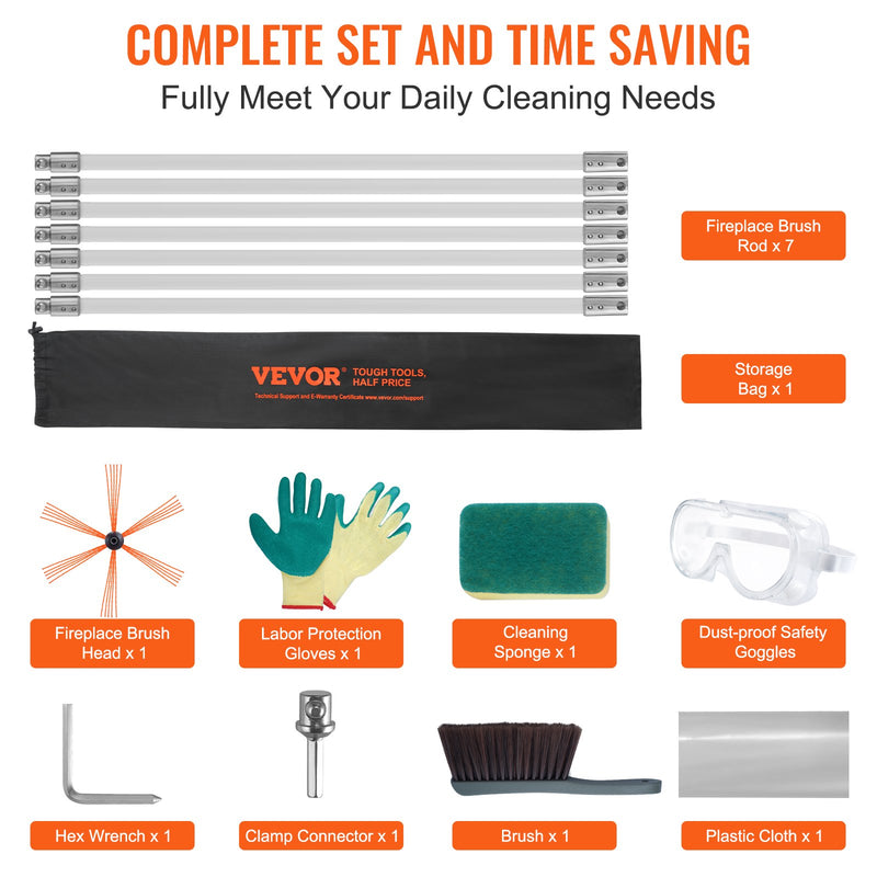 VEVOR skursteņa tīrīšanas komplekts 7 m, neilona stieņi, elastīga birste 360°, kamīniem un dūmvadiem