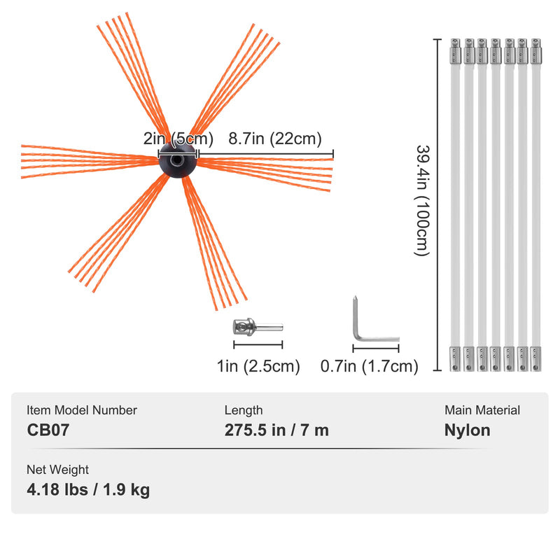 VEVOR skursteņa tīrīšanas komplekts 7 m, neilona stieņi, elastīga birste 360°, kamīniem un dūmvadiem