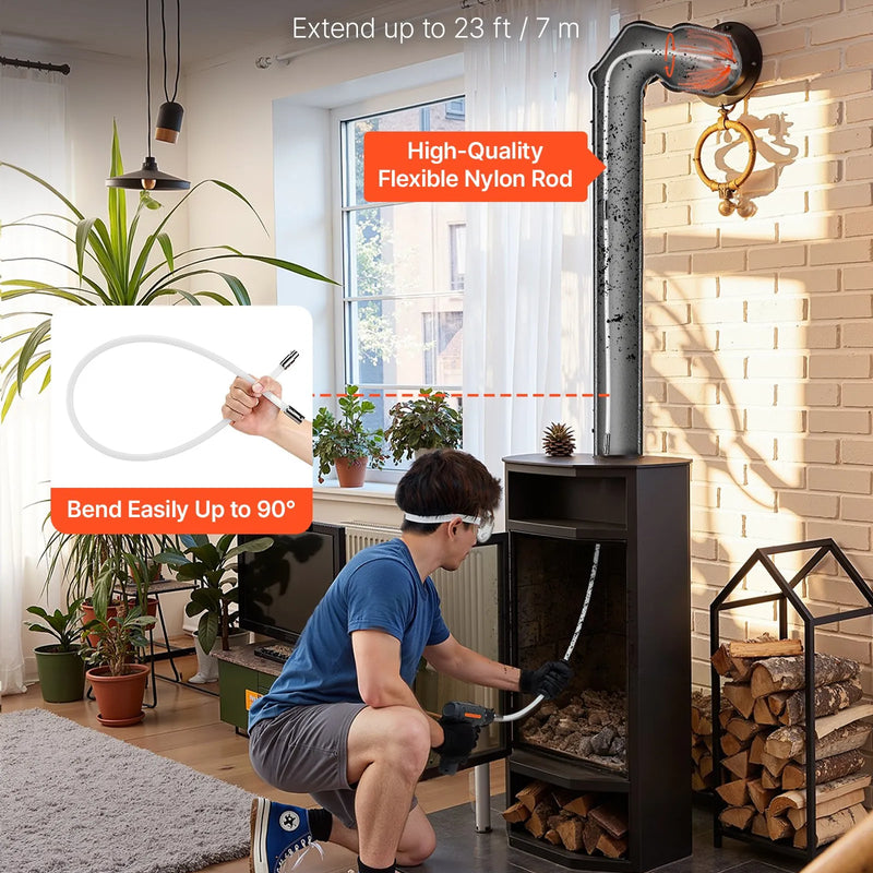 VEVOR skursteņu tīrīšanas komplekts, līdz 7 m pagarināma skursteņa birste, skursteņu tīrīšanas komplekts ar maināmiem sariem un aizsargbrillēm, 90° lokāms kamīna tīrīšanas instruments kvadrātveida un taisnstūrveida skursteņiem