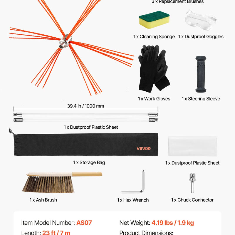 VEVOR skursteņu tīrīšanas komplekts, līdz 7 m pagarināma skursteņa birste, skursteņu tīrīšanas komplekts ar maināmiem sariem un aizsargbrillēm, 90° lokāms kamīna tīrīšanas instruments kvadrātveida un taisnstūrveida skursteņiem