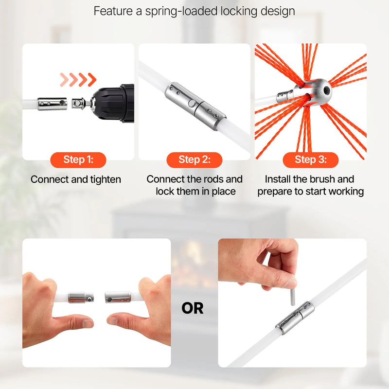 VEVOR skursteņu tīrīšanas komplekts, līdz 10 m pagarināma skursteņa birste, skursteņu tīrīšanas komplekts ar maināmiem sariem un aizsargbrillēm, 90° lokāms kamīna tīrīšanas instruments kvadrātveida un taisnstūrveida skursteņiem