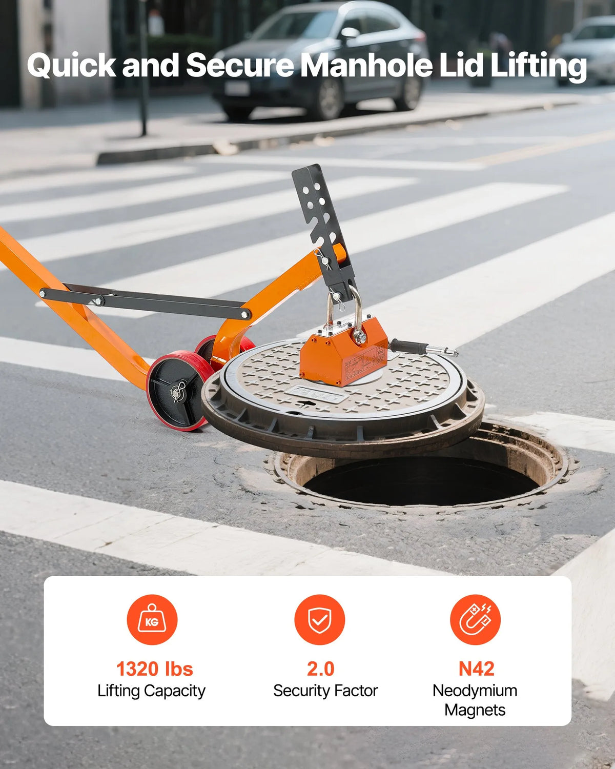VEVOR Magnetic Manhole Cover Lifter with Wheels 600 kg, Steel Trolley with N42 Neodymium Magnet and Adjustable Handle for Manhole Cover Lifting