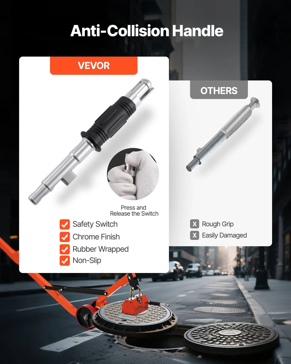 VEVOR Magnetic Manhole Cover Lifter with Wheels 600 kg, Steel Trolley with N42 Neodymium Magnet and Adjustable Handle for Manhole Cover Lifting