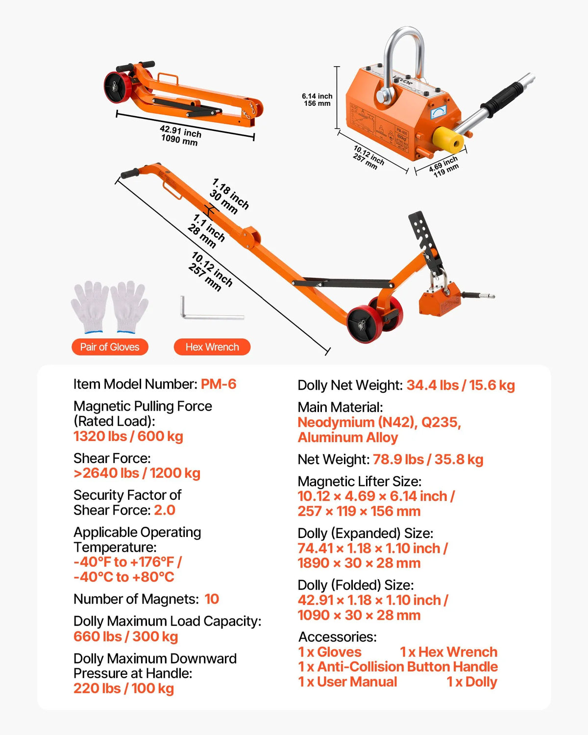 VEVOR Magnetic Manhole Cover Lifter with Wheels 600 kg, Steel Trolley with N42 Neodymium Magnet and Adjustable Handle for Manhole Cover Lifting