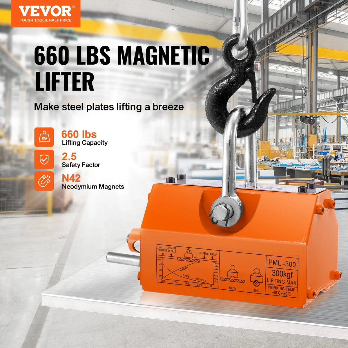VEVOR Permanent Magnetic Lifter 300 kg, Neodymium Lifting Magnet with Release Mechanism, Magnetic Lifter for Crane and Hoist Steel Blocks and Plates