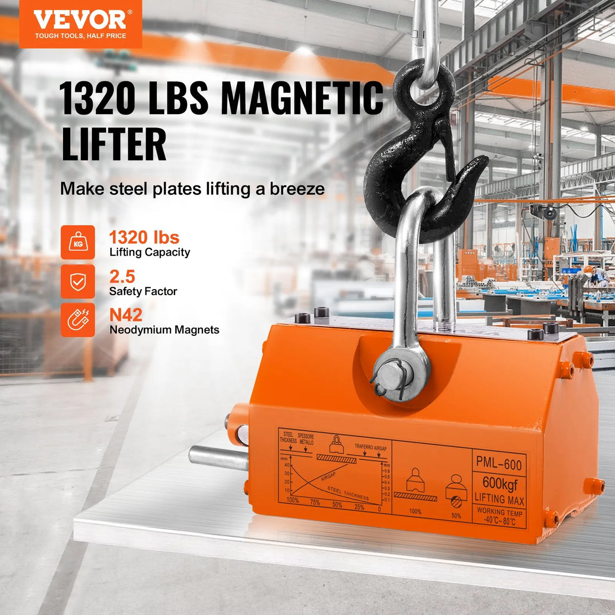 VEVORi 600 kg magnethaak vabastuskangiga, neodüüm- ja terasest püsimagnet kraanadele, tõsteseadmetele, metallplaatidele ja plokkidele