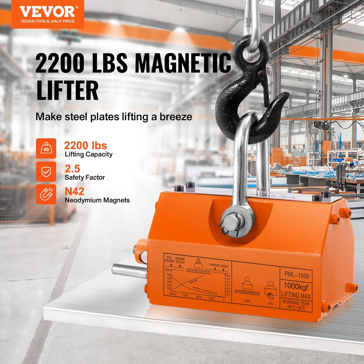 VEVOR Permanent Magnetic Lifter 1000 kg, Neodymium Lifting Magnet with Release Mechanism, Magnetic Lifter for Crane and Hoist Steel Blocks and Plates