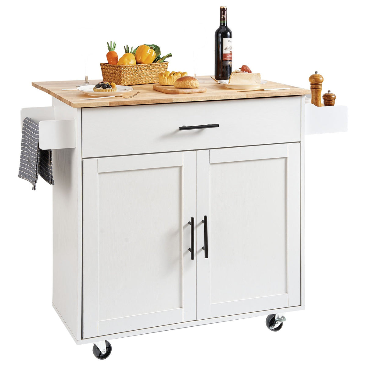 VEVOR Kitchen Mobile Cart with Hardwood Top, Spice Rack, Towel Holder and Drawer, White, 90 cm