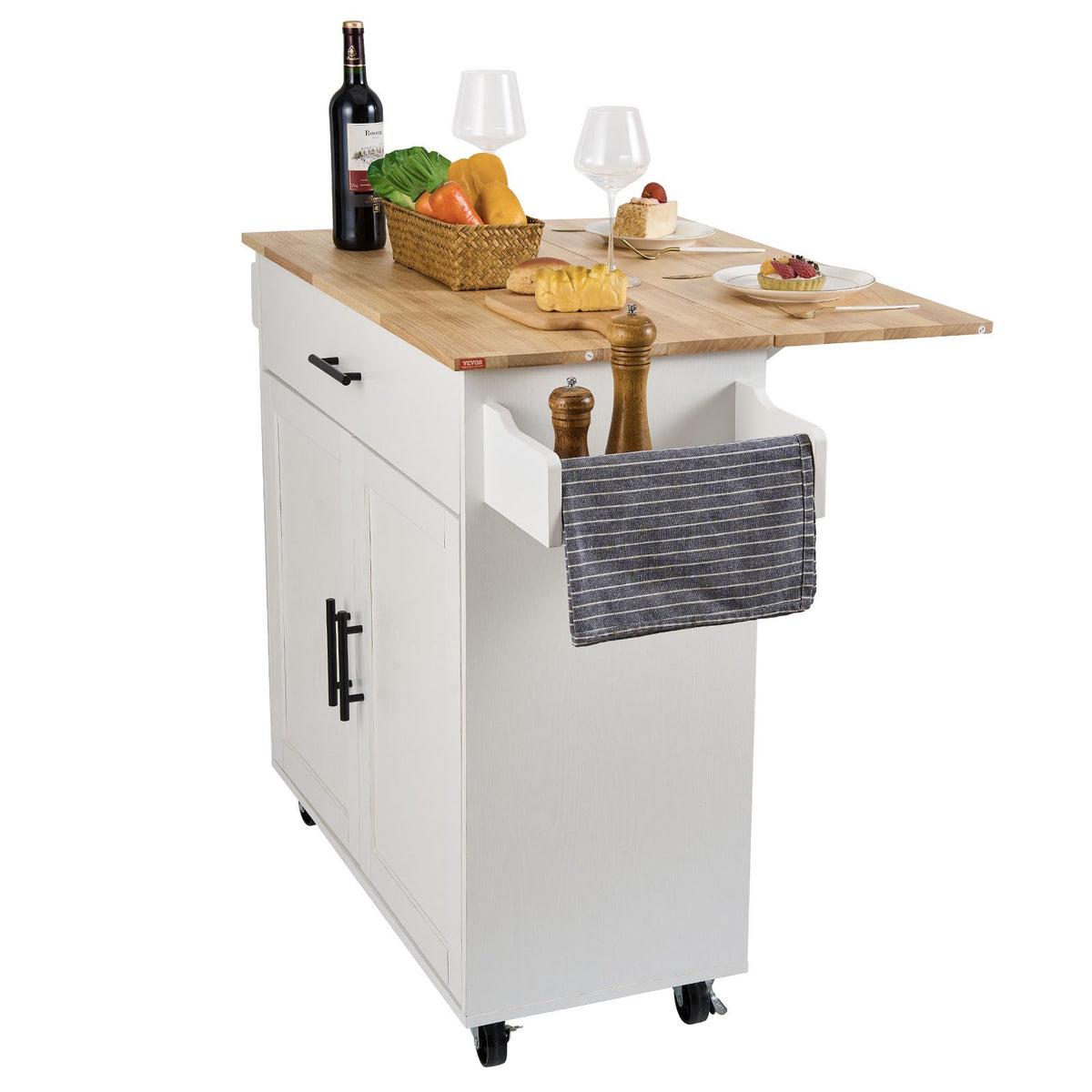 VEVOR Kitchen Mobile Cart with Hardwood Top, Spice Rack, Towel Holder and Drawer, White, 90 cm