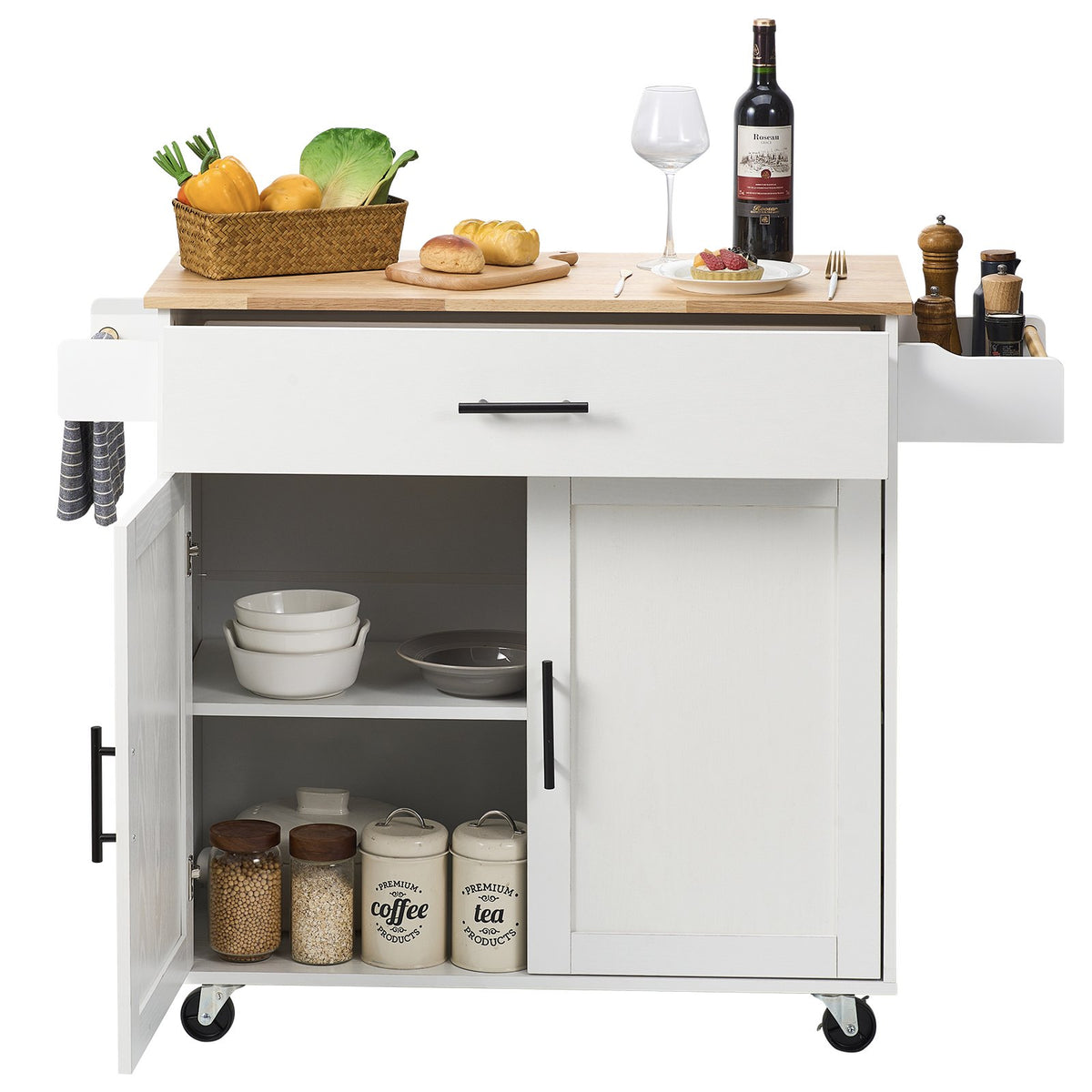 VEVOR Kitchen Mobile Cart with Hardwood Top, Spice Rack, Towel Holder and Drawer, White, 90 cm