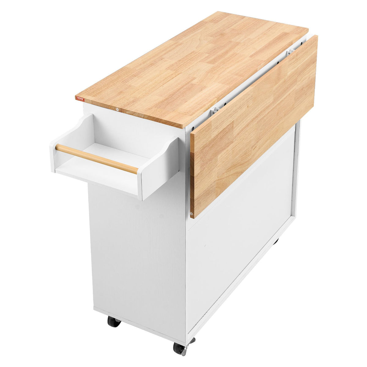 VEVOR Kitchen Mobile Cart with Hardwood Top, Spice Rack, Towel Holder and Drawer, White, 90 cm