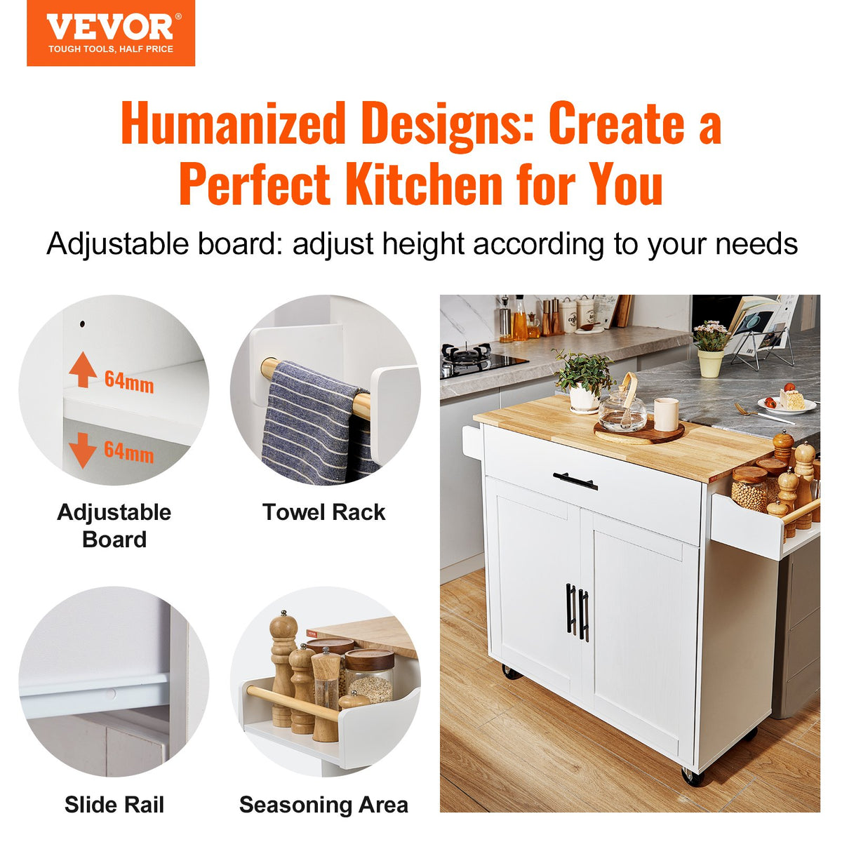 VEVOR Kitchen Mobile Cart with Hardwood Top, Spice Rack, Towel Holder and Drawer, White, 90 cm