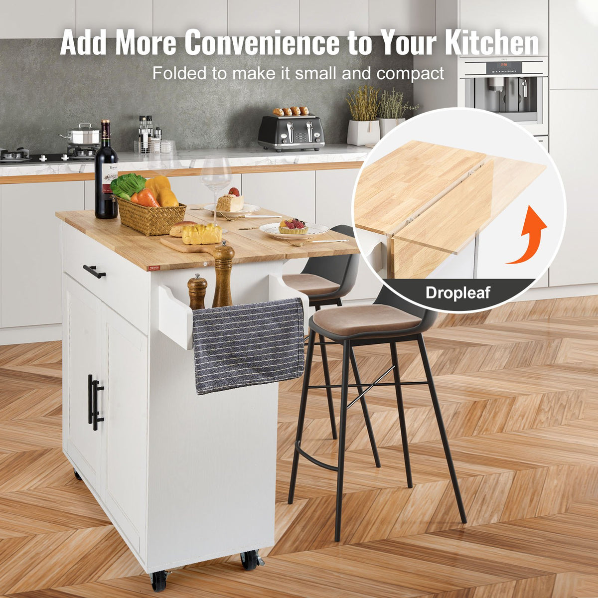VEVOR Kitchen Mobile Cart with Hardwood Top, Spice Rack, Towel Holder and Drawer, White, 90 cm