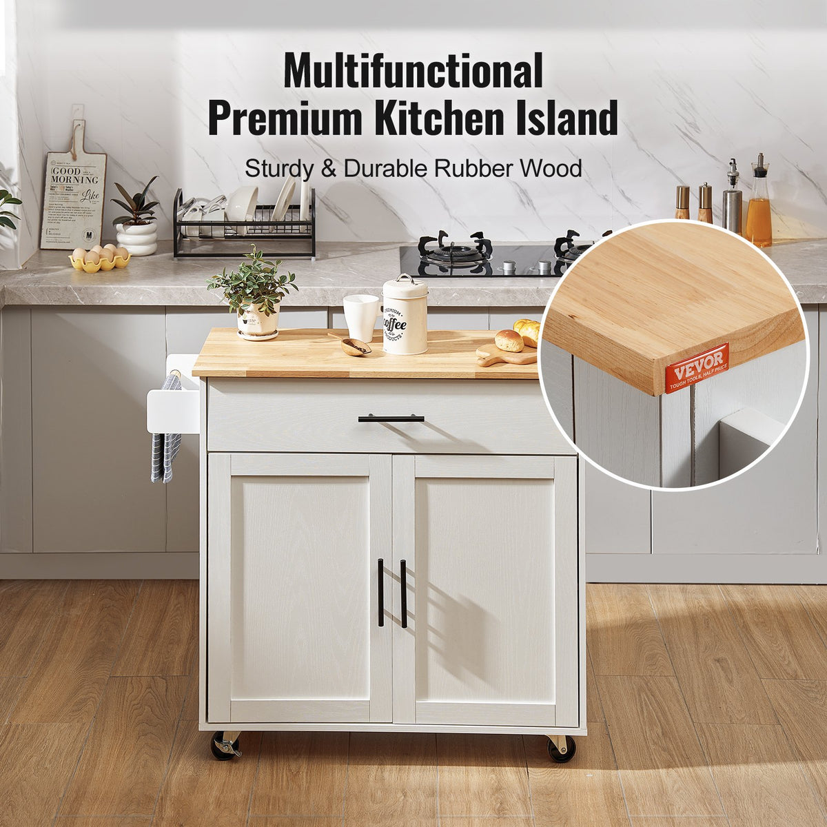 VEVOR Kitchen Mobile Cart with Hardwood Top, Spice Rack, Towel Holder and Drawer, White, 90 cm